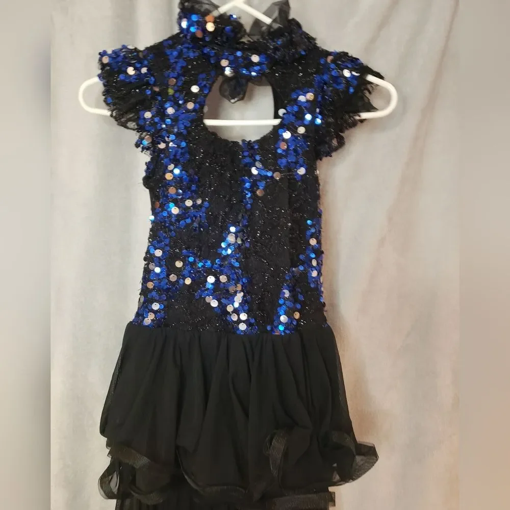 Jazz, Tap, Contempo Dance Costume, Blue sequin with black skirt, Large Child